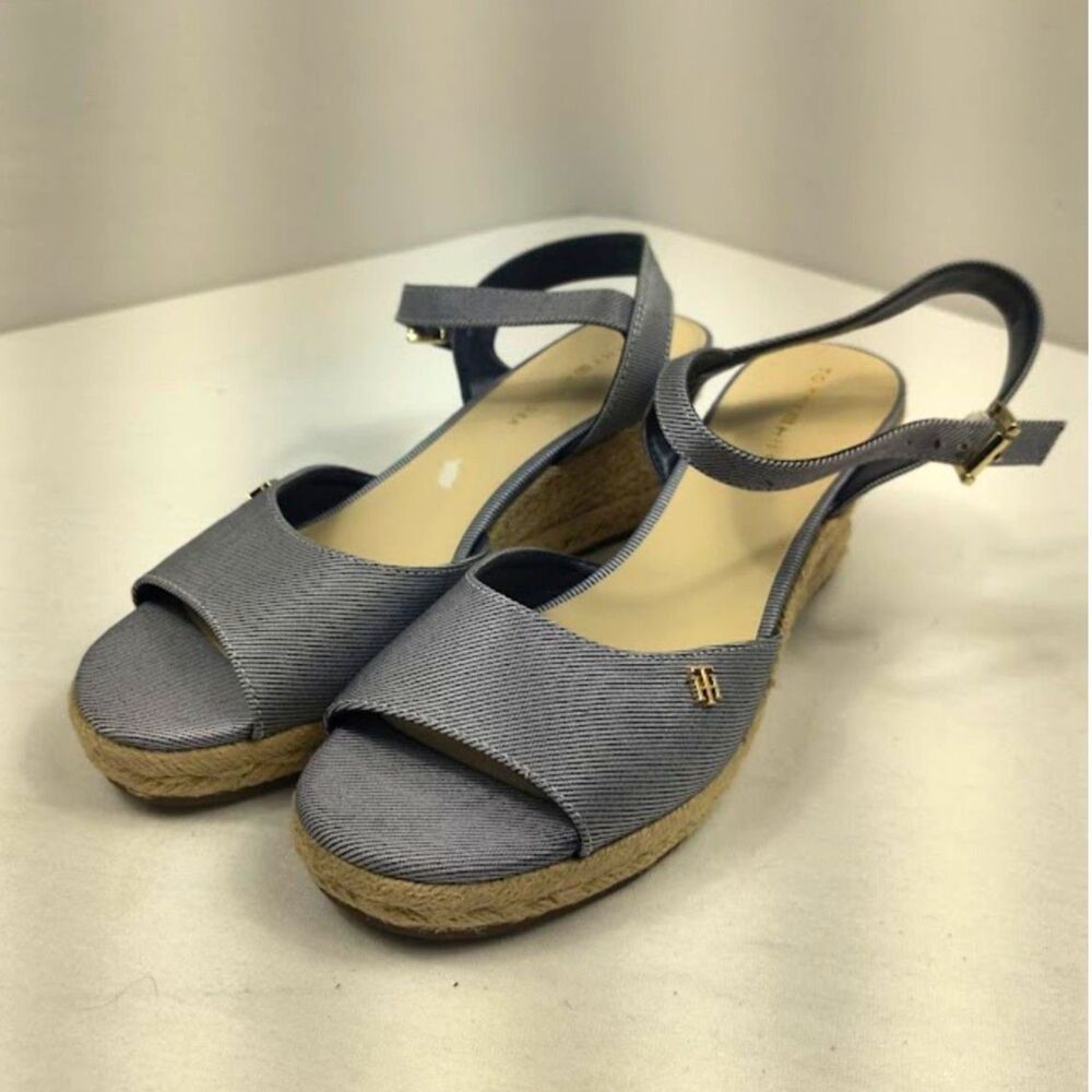 Women's TOMMY HILFIGER TW Gallie Espadrilles Ankle Buckle Blue Wedges US Size9.5
